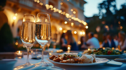 A dinner table with two glasses of champagne and a plate of food