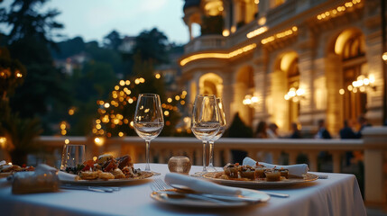 A table with two wine glasses and two plates of food