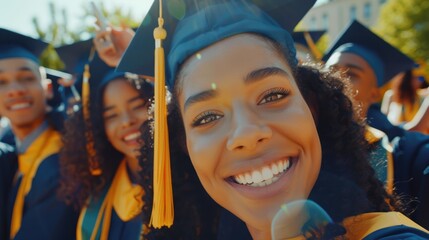 Graduation day photo with a diverse group of friends, capturing a moment of joy and achievement in celebration of educational success and memories
