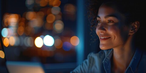 Obraz premium Businesswoman engaged in a phone call and using a tablet while working late, smiling during a discussion and conducting internet research with a digital app