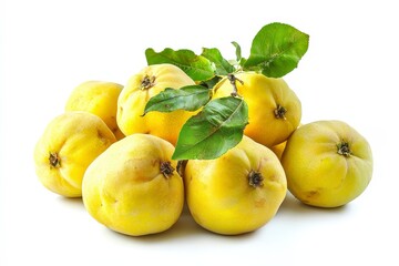 A cluster of ripe quinces with green leaves on a white background.