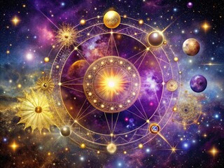 Celestial Convergence: Cosmic, ethereal, astrological, nebulas, star charts, gold, purple, celestial bodies