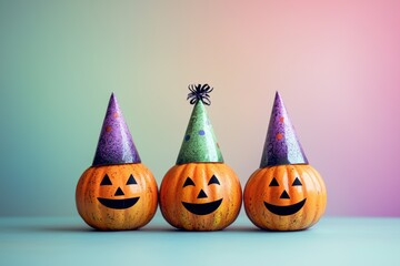 Three Smiling Pumpkins in Party Hats.