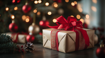 A gold box with a red ribbon sits on a table next to a Christmas tree