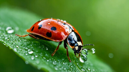 Obraz premium Close-up of a ladybug on a dewy leaf in a lush green background