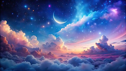 Fototapeta premium Celestial Dreamscape: Ethereal, dreamy, blue, pink, and purple sky, soft clouds, stars, moon, magical, enchanting