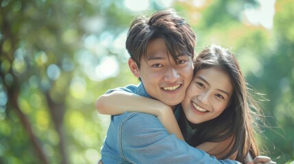 Naklejka premium Couple enjoying a joyful piggyback ride outdoors in a lush garden, showcasing love, care, and happiness during their romantic date