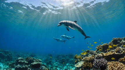 Fototapeta premium A dolphin glides underwater above a vibrant coral reef, illuminated by sunlight streaming through the water