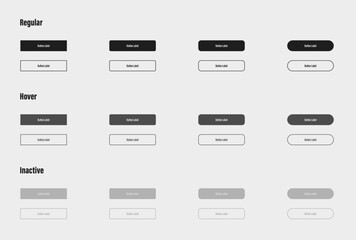 Stylish light mode ui button collection with editable label text. Various button shapes grouped in regular, hover and inactive state
