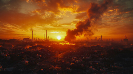 A burning industrial landscape at sunset with thick smoke rising into the sky, highlighting environmental destruction
