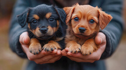 Two adorable puppies held in cupped hands, with a pile of dog food in the palms, creating a heartwarming scene.