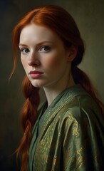 Auburn-haired woman poised in golden-green garment with intensity