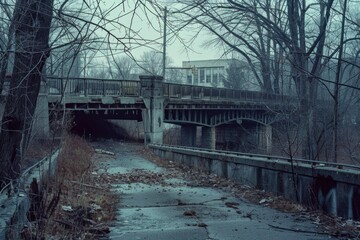 A wooden bridge crossing a river in a dense forest, perfect for wilderness or outdoor scenes