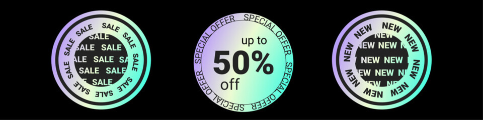 Sticker hologram emblem holographic label. Isolated shiny emblems, New, 50% discount, Sale, Discount.