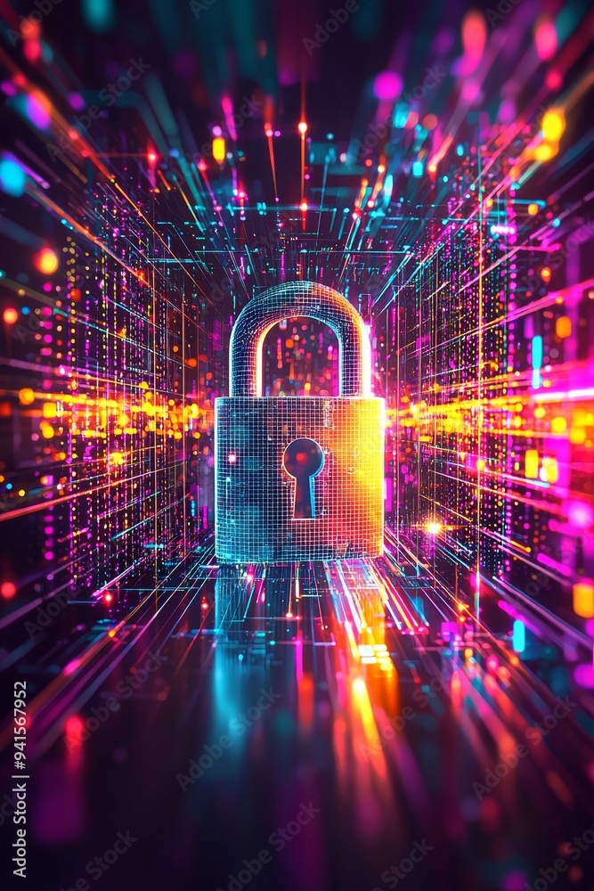 Poster protecting computer circuit boards from cyber attacks with a digital padlock