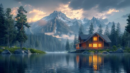 Naklejka premium Cozy Wooden Cabin by a Serene Lake with Majestic Mountain Views at Sunset