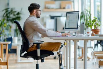 Man working at a desk with a computer in a bright office surrounded by plants during the day