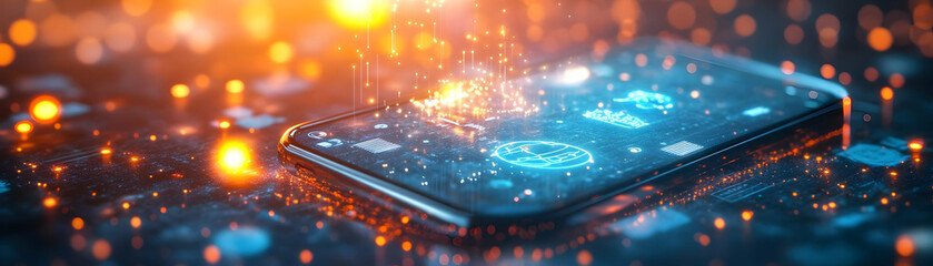 Photo Realistic as Mobile Phone with Holographic IoT Icon and Sensor Icon concept as A photo featuring a mobile phone with a glossy glowing holographic IoT icon and sensor icon. The objects are positi