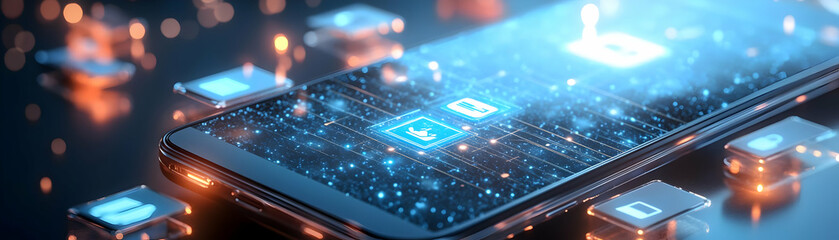 Photo Realistic as Mobile Phone with Holographic IoT Icon and Sensor Icon concept as A photo featuring a mobile phone with a glossy glowing holographic IoT icon and sensor icon. The objects are positi