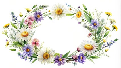 Obraz premium Watercolor wreath of delicate wildflowers including daisies lavender and buttercups arranged in a circular pattern on a clean white background, botanical, artistic, decoration, nature