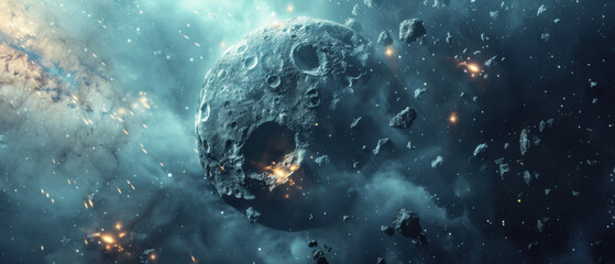 Cratered meteor with craters flying through space
