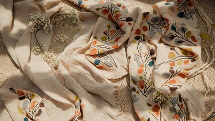 Beige linen fabric texture with an abstract floral pattern.