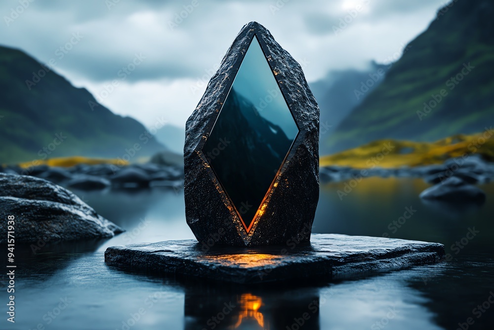 Poster A minimalist abstract representation of a tombstone, using geometric shapes and a monochromatic color scheme to evoke reflection