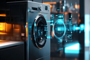 Futuristic washing machine with digital interface displaying settings and features in a modern kitchen environment.