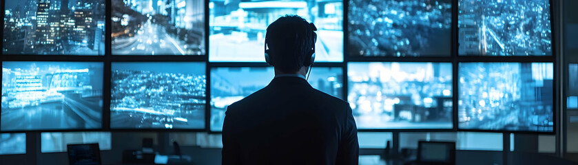 Photo Realistic as Security guard using a glossy surveillance system in a control room concept as Camera movement Pan across the glossy surveillance screens. Scene A modern control room with security 