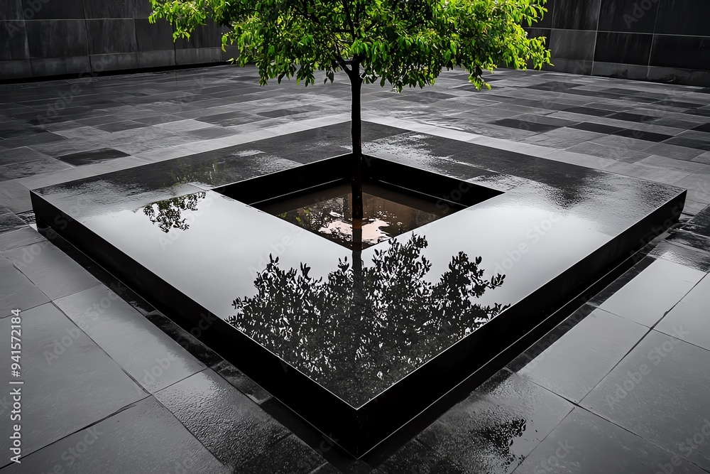 Poster A minimalist abstract representation of a tombstone, using geometric shapes and a monochromatic color scheme to evoke reflection