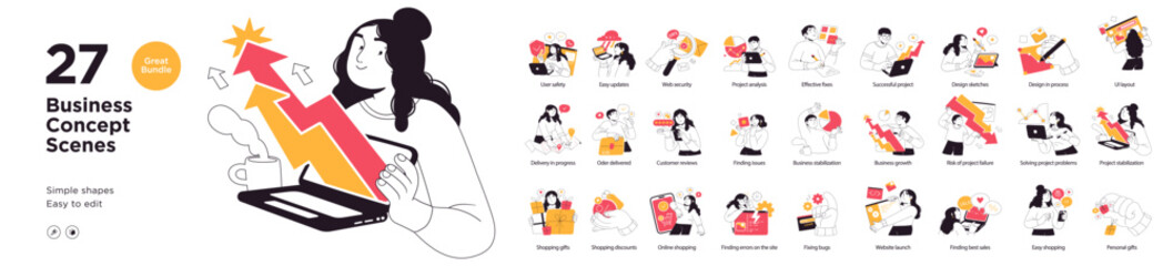Business Concept illustrations. Mega set. Collection of scenes with men and women taking part in business activities. Vector illustration