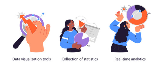 Fototapeta premium Statistics, Data analysis and auditing business processes - set of business concept illustrations. Visual stories collection.