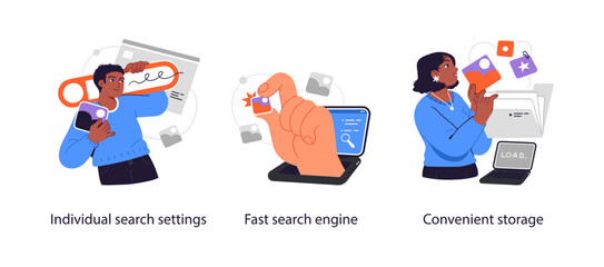 Search engine optimization concept - set of business concept illustrations. Visual stories collection.