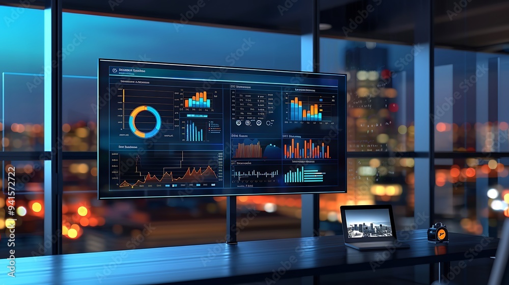 Poster digital dashboard with business success indicators and growth charts in modern office
