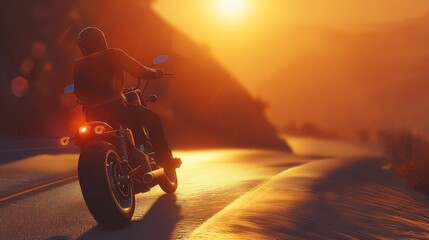 Motorcycle Rider Enjoying Sunset Ride on Open Road