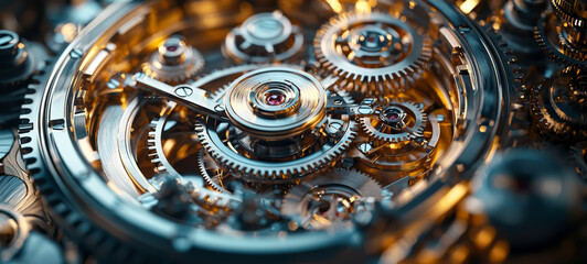 A close up of a clock with many gears