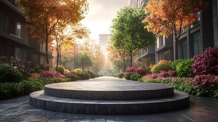 Obraz premium Elegant Outdoor Podium for Product Presentation in Modern Urban Garden Setting with Lush Greenery and Autumn Foliage