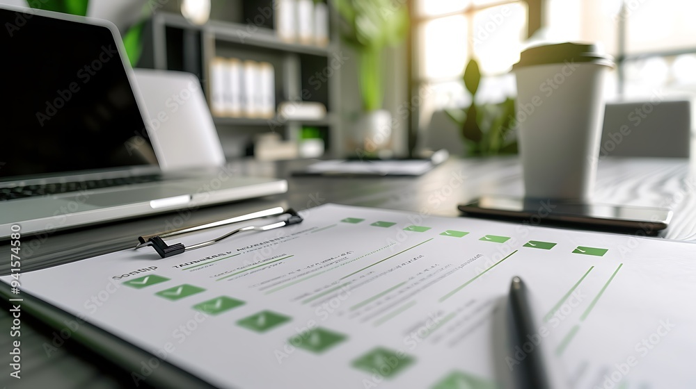 Poster closeup of strategic plan document with completed objectives and green check marks