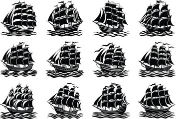 Black and white silhouette of a sailing ship with white background.