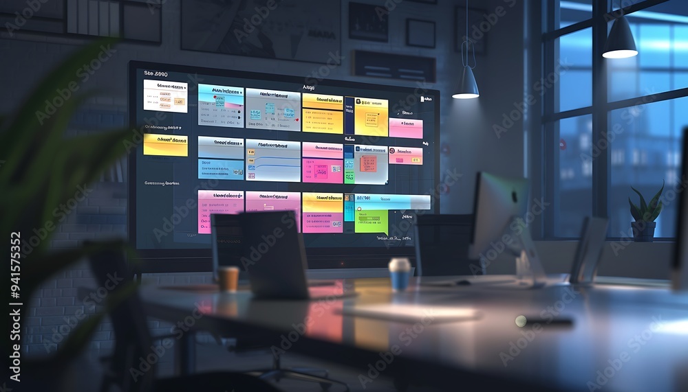 Poster Task Management Board with Completed Tasks Displayed on Large Screen in Collaborative Workspace