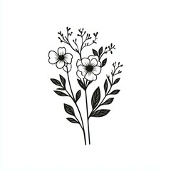 Black and white floral illustration featuring detailed botanical elements, perfect for use in minimalistic art prints, tattoos, and design templates,