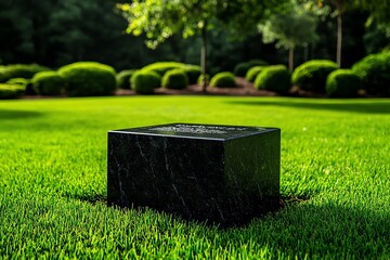 A minimalist design of a tombstone with clean lines and a simple inscription, set against a tranquil, grassy landscape