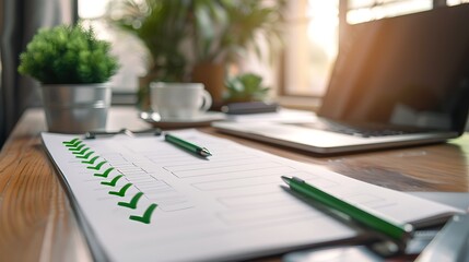 Closeup of Business Priorities List with Completed Objectives and Green Check Marks