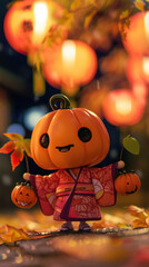 Adorable Pumpkin Character in Kimono Celebrating Autumn Festival with Lanterns and Falling Leaves