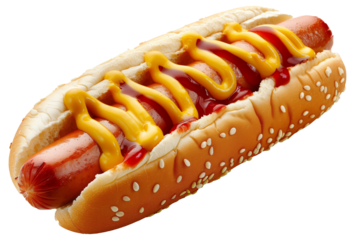 Delicious hot dog topped with ketchup, mustard, on a sesame bun