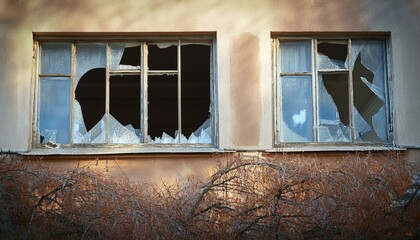 Broken window of the house, building demolition