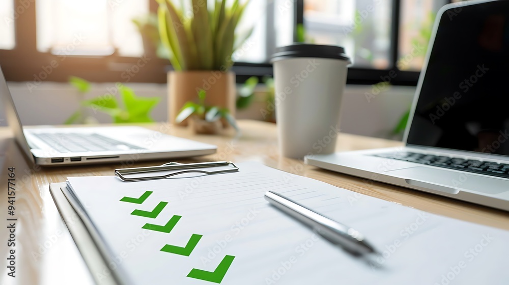 Poster Closeup of Business Priorities List with Completed Objectives and Green Check Marks