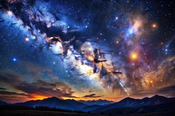 Fototapeta premium Celestial Starry Night: Deep indigo, twinkling stars, glowing nebulae, vast cosmic landscapes.