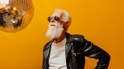 A vibrant photo of an elderly man with a retro disco theme, showcasing the vitality and carefree spirit of active aging. 