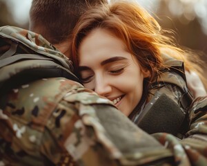 Relieved soldier returning home embracing family with happiness and affection